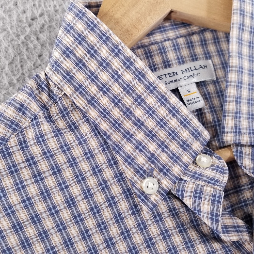Peter Millar Shirt Mens Small Summer Comfort Blue Plaid Performance Sport Tech
